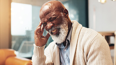 Buy stock photo Home, senior and black man with pain for headache, muscle tension and emergency for hypertension. House, male person and discomfort with migraine for arteritis, health issues and stress in retirement