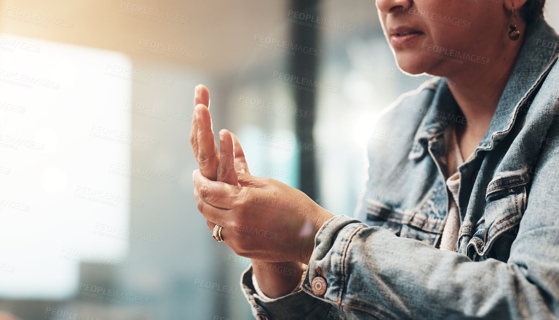 Buy stock photo Home, hands and senior woman with wrist pain for injury, inflammation and discomfort of carpal tunnel. House, female person and muscle ache with massage for relief, osteoporosis or arthritis symptoms