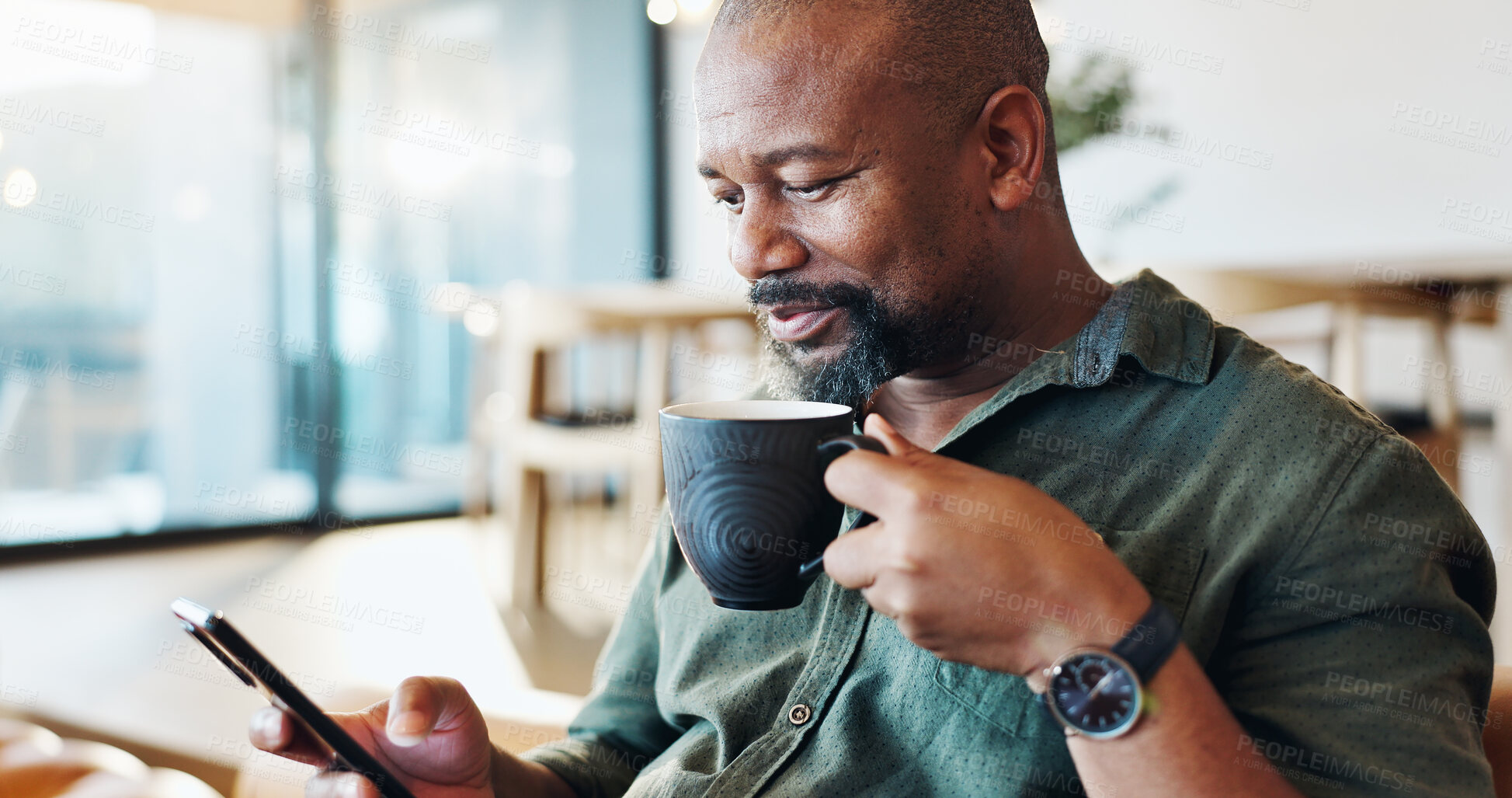 Buy stock photo Mature black man, phone and coffee in home with thinking, smile and reading email notification in morning. Person, smartphone and happy with tea, news and scroll on social media with mobile app