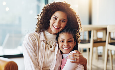 Buy stock photo Kid, woman and portrait with smile in home for love, support and bonding together on weekend. Happy, mother and daughter relaxing with hug in living room for care, connection and trust in childhood