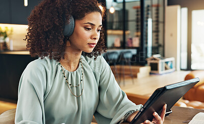 Buy stock photo Internet, woman and headphones with tablet in home for elearning, online course and transcription lesson. Freelancer, entrepreneur and digital app for translation tips, language learning and listen