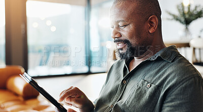 Buy stock photo House, tablet and old man on sofa, typing and internet with connection, online news or digital app. African person, apartment or guy on couch, research for insurance policy or email with website info