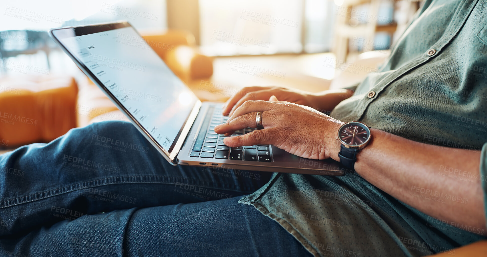 Buy stock photo Relax, couch and hands of person with laptop for research, remote work or internet connectivity in home. Typing, website and freelancer on sofa writing article for online project in living room