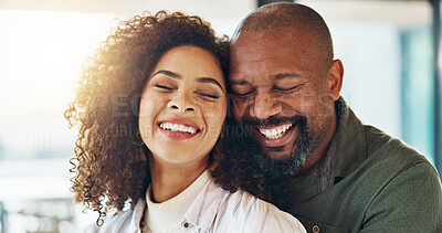 Buy stock photo Couple, hug and smile in home for interracial love, care and connection with bonding, memory and eyes closed. Man, woman and happy with embrace, relationship and commitment with loyalty in apartment