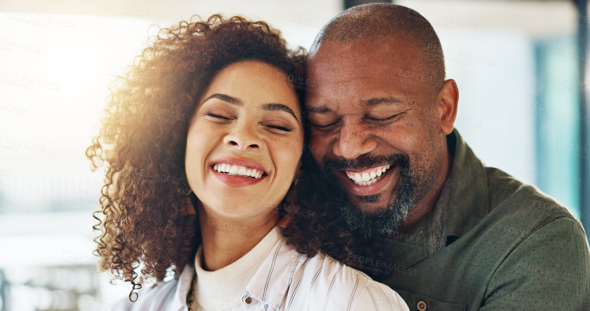 Buy stock photo Couple, hug and smile in home for interracial love, care and connection with bonding, memory and eyes closed. Man, woman and happy with embrace, relationship and commitment with loyalty in apartment