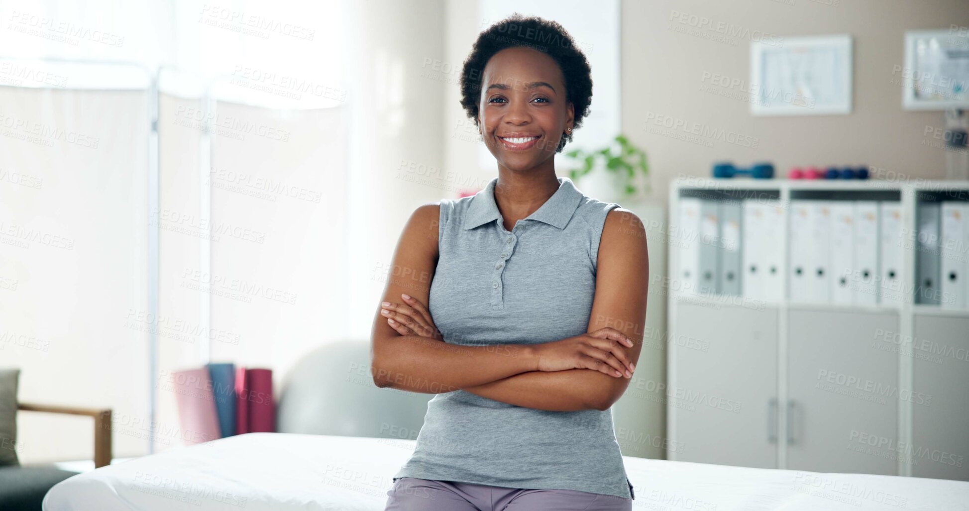 Buy stock photo Happy black woman, portrait and physiotherapist with confidence for physical therapy or service at clinic. Young African, female person or orthopedic with smile or arms crossed for medical help