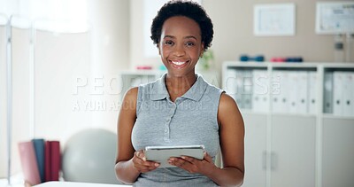 Buy stock photo Physiotherapy, office and portrait of black woman with tablet for client, booking and appointment info. Happy, worker and physiotherapist with tech for telehealth database, update and patient records