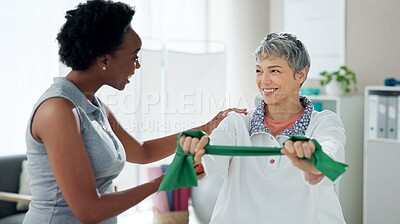 Buy stock photo Physiotherapy, resistance band and mature woman stretching for wellness, health and mobility. Healthcare, clinic and chiropractor with patient for physical therapy, rehabilitation and medical support