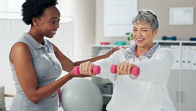 Buy stock photo Physiotherapy, weights and chiropractor with senior patient for wellness, strength and mobility. Healthcare, clinic and woman with person for physical therapy, rehabilitation and medical support