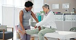 Physiotherapy, knee pain and senior woman with chiropractor for wellness, health and mobility. Healthcare, clinic and person with patient for physical therapy, rehabilitation and medical support