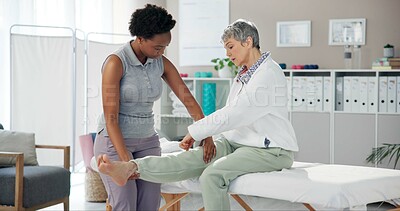 Buy stock photo Physiotherapy, knee pain and senior woman with chiropractor for wellness, health and mobility. Healthcare, clinic and person with patient for physical therapy, rehabilitation and medical support