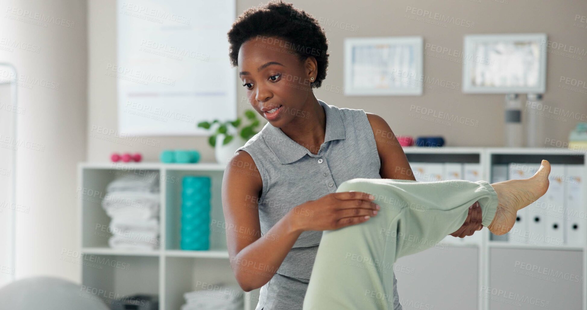 Buy stock photo Physiotherapy, legs and chiropractor with patient stretching for wellness, health and mobility. Healthcare, clinic and person for physical therapy, rehabilitation and medical support for knee pain