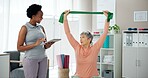 Physiotherapy, resistance band and senior woman stretching for wellness, health and mobility. Healthcare, tablet and chiropractor with patient for physical therapy, rehabilitation and medical support