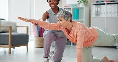 Buy stock photo Happy women, physiotherapist and stretching with senior patient or personal trainer for yoga, workout or exercise at clinic. Female person, physio or phyiscal therapist helping elderly in pilates