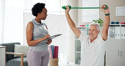 Buy stock photo Physiotherapy, resistance band and man stretching with tablet for wellness, health or mobility. Healthcare, clinic and chiropractor and patient for physical therapy, rehabilitation or medical support