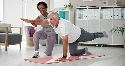 Buy stock photo Woman, physiotherapist and senior stretching with personal trainer for yoga, workout or exercise at clinic. Female person, physio or phyiscal therapist helping elderly patient in pilates on floor mat