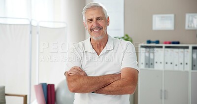 Buy stock photo Portrait, physiotherapist and senior man with arms crossed, smile or healthcare with career ambition. Face, physical therapy or medical with professional, confidence or startup with pride or wellness