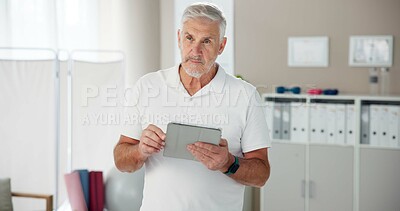 Buy stock photo Physiotherapy, man and thinking with tablet in office for client, appointment or schedule information. Telehealth, worker and physiotherapist with tech for medical database, update or patient records