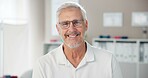 Portrait, physical therapist and senior man in clinic, smile and confidence with career ambition. Face, physiotherapy and medical with professional, healthcare and glasses with pride and wellness