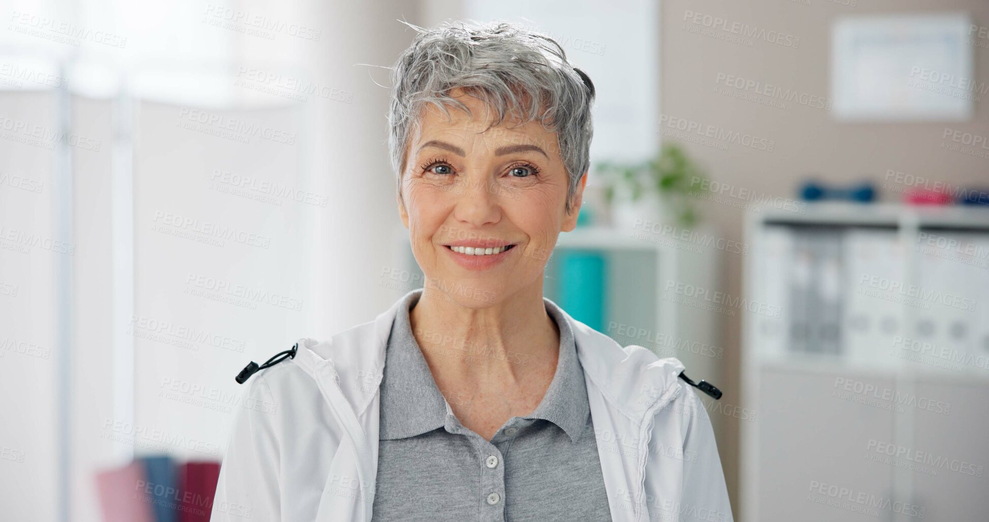 Buy stock photo Portrait, physical therapist and senior woman in office, smile and happiness with career ambition. Face, physiotherapy and medical with professional, confidence and smile with pride and healthcare