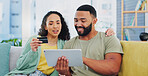 Happy couple, online shopping and tablet with credit card for payment or banking app on sofa at home. Young man, woman or shoppers with smile on technology for ecommerce, transaction or purchase