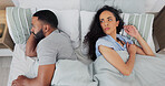 Couple, ignore and angry betrayal in bedroom, toxic marriage and cheating affair in home. People, fighting and unhealthy relationship for divorce or breakup, sexual fail and silent treatment in bed