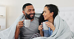 Couple, smile and coffee on bed in home with blanket, relax and connection with love in morning. Man, woman and drink with tea cup bedroom with memory, conversation and happy with care in apartment