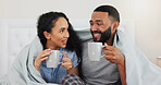 Couple, happy and coffee on bed in home with blanket, relax and connection with love in morning. Man, woman and drink with tea cup bedroom with memory, conversation and laugh with joke in apartment