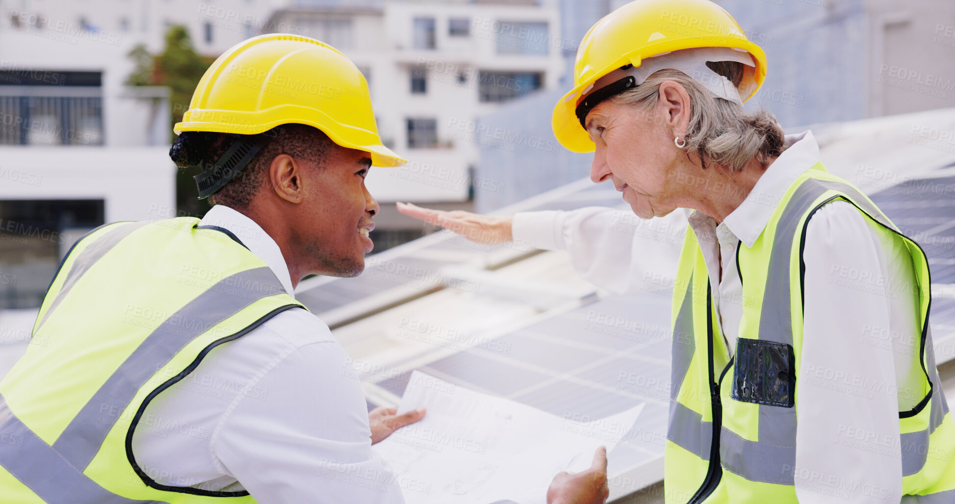 Buy stock photo Solar panel, business people and discussion with blueprint for planning, coordination and execution of project. Teamwork, engineer employees and feedback with paper for installation, upgrade or ideas