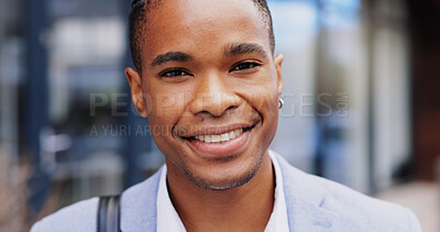 Buy stock photo Portrait, business and black man in city, smile and happiness with lawyer, attorney and confident. African person, New York and professional in street, urban town and legal aid with pride and travel