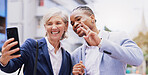 Happy, business people and selfie with peace sign for photography, picture or outdoor memory together. Interracial, businessman and woman with smile or emoji for fun moment or social in an urban town