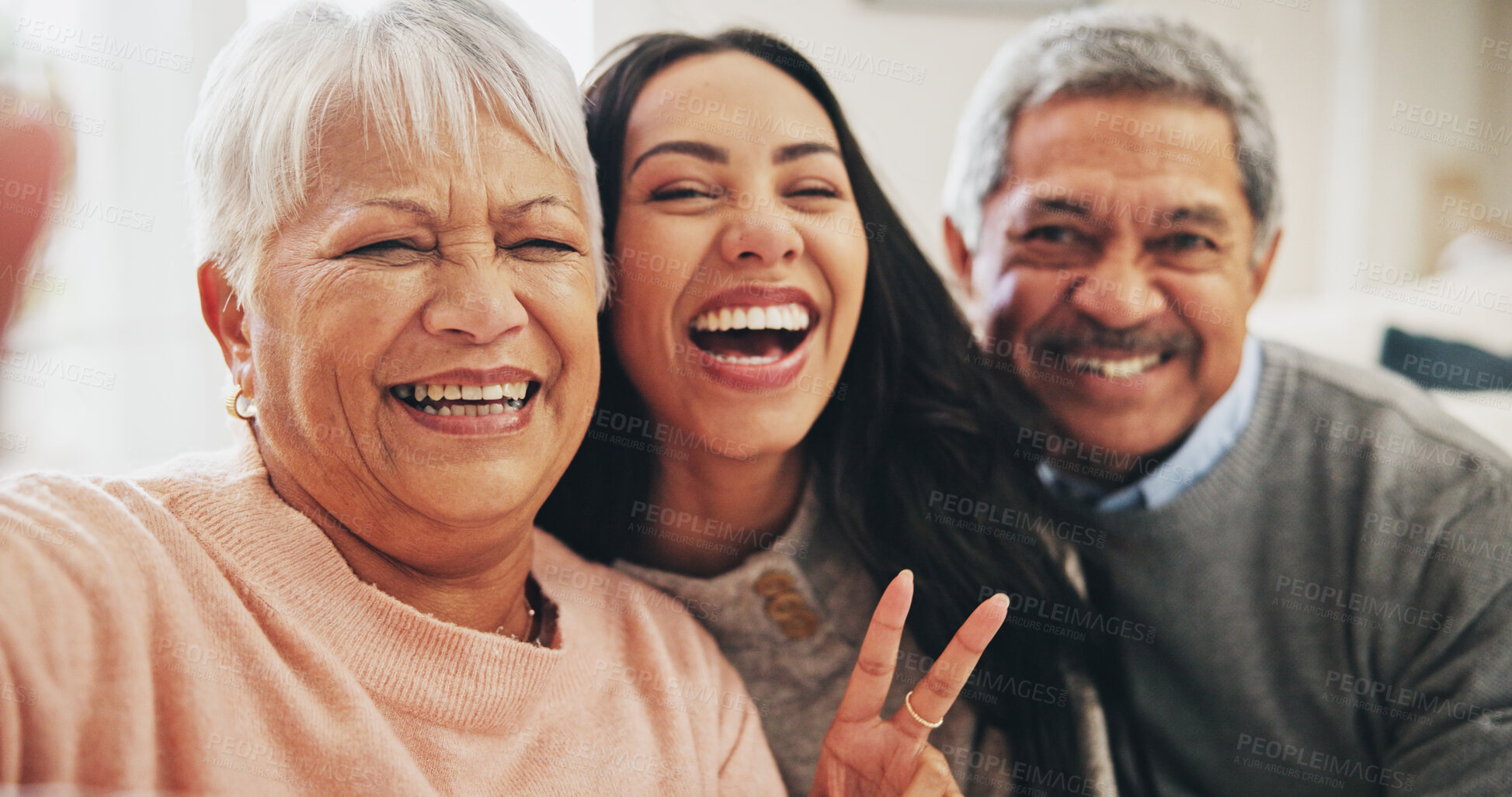 Buy stock photo Senior parents, woman and selfie in portrait for memory, bonding and peace sign with love or support. Happy people, laugh and together with excited for photography in family home or lounge in Brazil