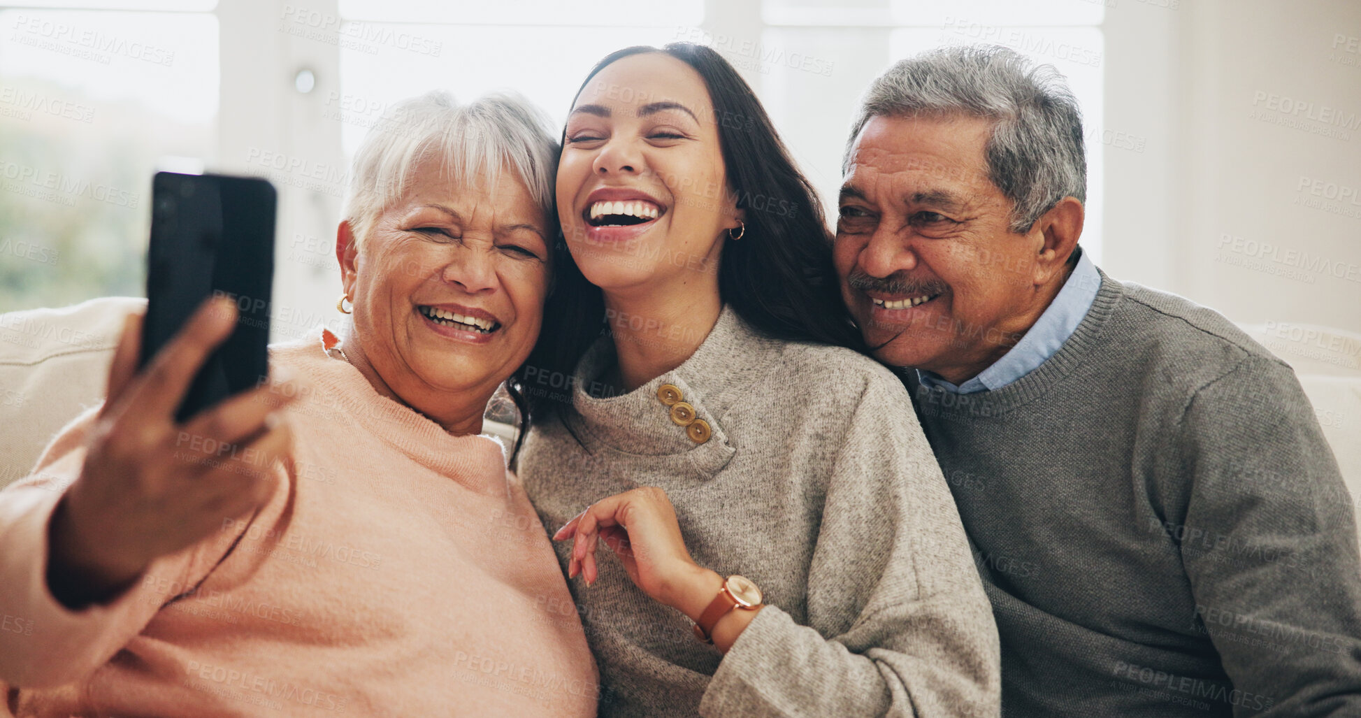 Buy stock photo Senior parents, woman and selfie in home for memory, bonding and weekend with love or support. Happy people, tech and laughing together with excited for photography as cheerful family in living room