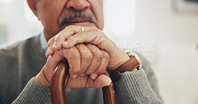 Buy stock photo Hands, senior man and walking stick for chronic Arthritis in elderly care, wellness and health. Male pensioner, person with a disability and cane for mobility, balance and movement in retirement home