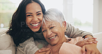 Buy stock photo Hug, portrait and smile of old woman with daughter on sofa in living room of home for bonding or visit. Face, family or love with happy person and senior mother embracing in apartment together 