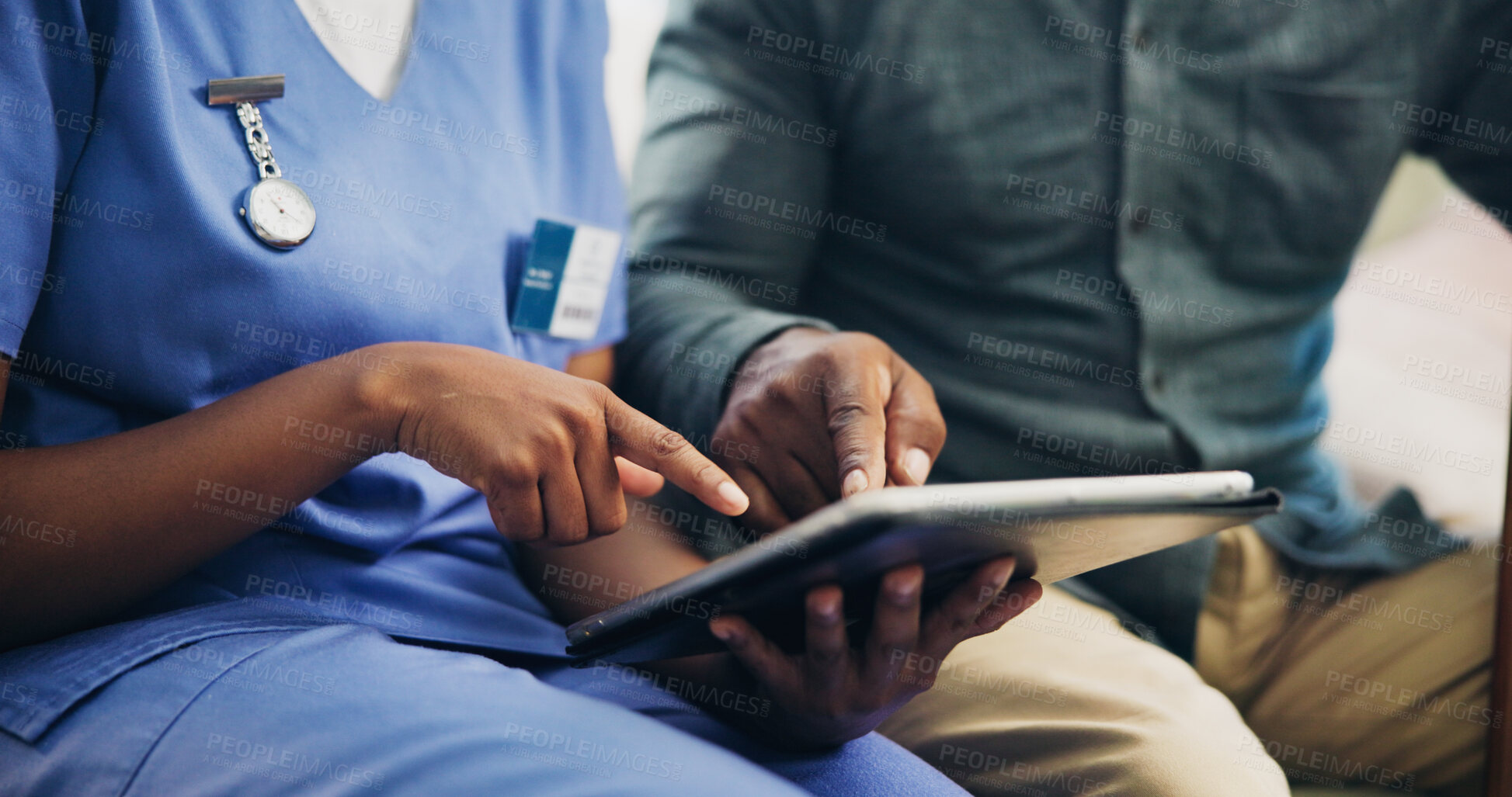 Buy stock photo Woman, nurse and hands with patient on tablet for telehealth, prescription or medical history at clinic. Closeup, healthcare employee or caregiver with man on technology for health tips or research