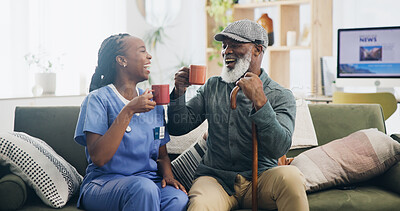 Buy stock photo Nursing home, senior man and nurse with coffee, laughing and happy to help, healthcare and friends with patient. Living room, tea and wellness of old person, walking stick and caregiver in house