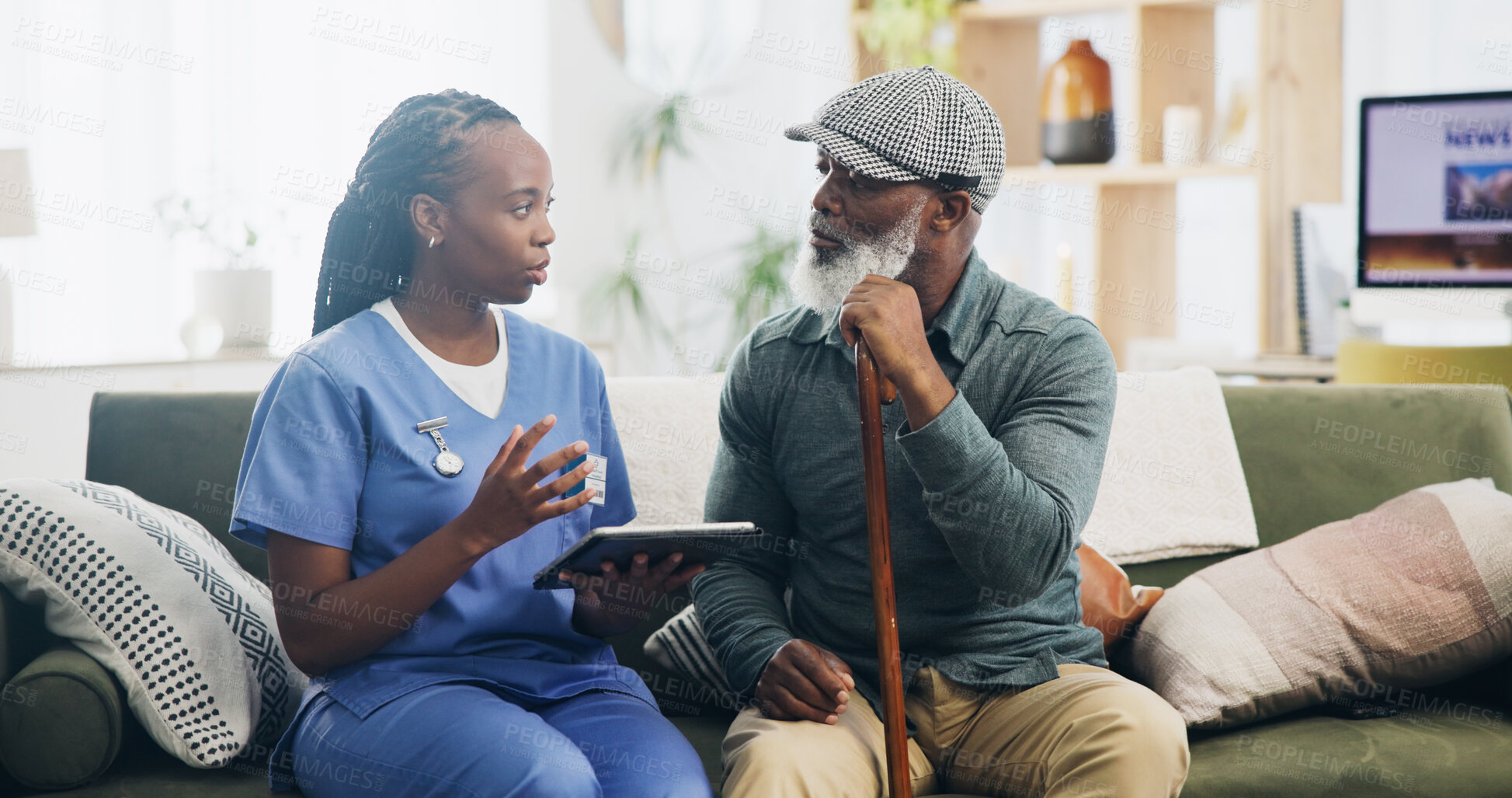 Buy stock photo Healthcare, tablet and senior man with nurse, explaining and caregiver with advice and nursing home. Living room, medical and black people in house, talking and remote monitoring of patient or health