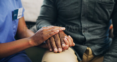 Buy stock photo Person, nurse and holding hands with senior patient for empathy, elderly care or understand at retirement home. Closeup, medical employee or caregiver with touch for grief, rehabilitation or recovery