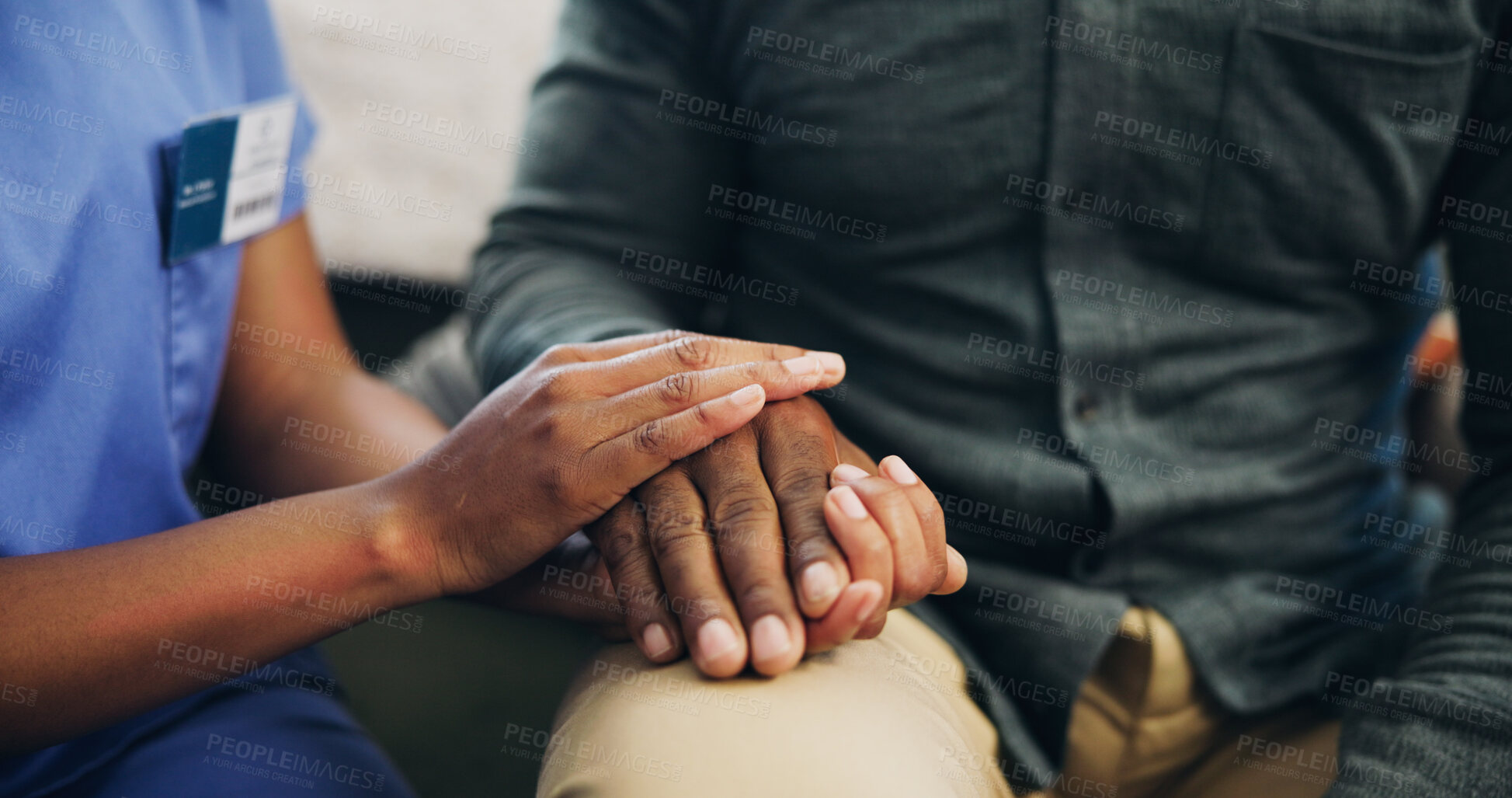 Buy stock photo Person, nurse and holding hands with senior patient for empathy, elderly care or understand at retirement home. Closeup, medical employee or caregiver with touch for grief, rehabilitation or recovery