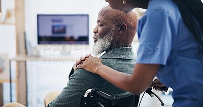 Buy stock photo Senior man, caregiver and holding hands for comfort with wheelchair, rehabilitation support and empathy. Volunteer, help and patient with disability for healthcare service, medical advice and house