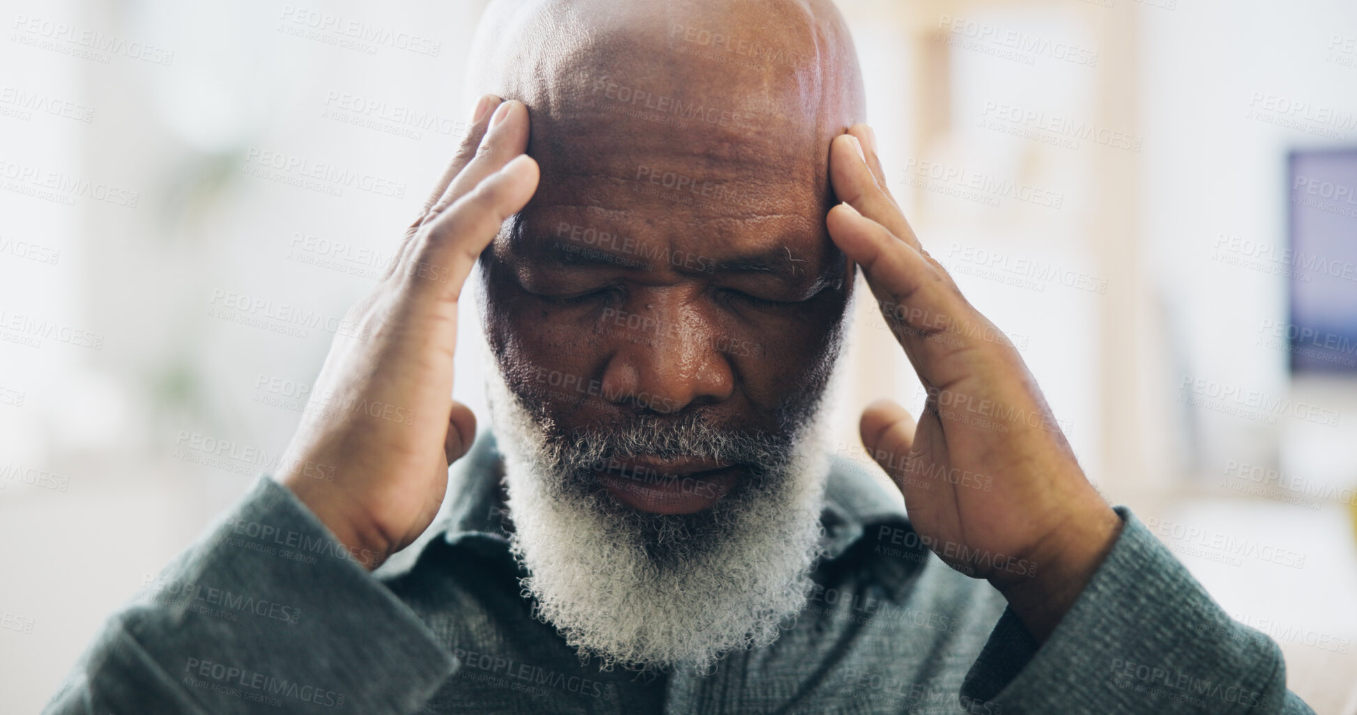 Buy stock photo Headache, black man and senior with stress, pain and dementia problem at home. Retirement, tired and anxiety of health, medical and migraine issue with fatigue from head injury of stroke risk