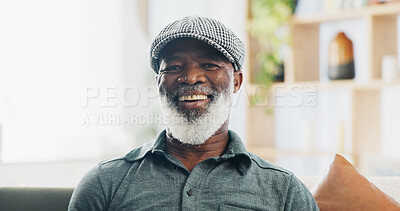 Buy stock photo Senior man, portrait and retirement in house for relax, peace and positive mood on weekend on sofa. Black person, face and happy in living room on couch for comfort, optimistic or rest with wellbeing