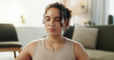 Buy stock photo Woman, home and eyes closed with meditation in lounge for peace, calm and health or mindfulness. Female person, relax and zen with yoga as activity or hobby for stress relief, wellbeing and self care