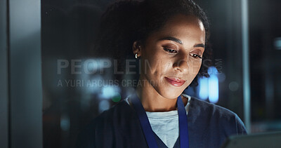 Buy stock photo Night, woman and nurse with tablet, research and online reading for schedule, hospital and digital app. Results, medical or professional with tech, evening and website info with telehealth or doctor