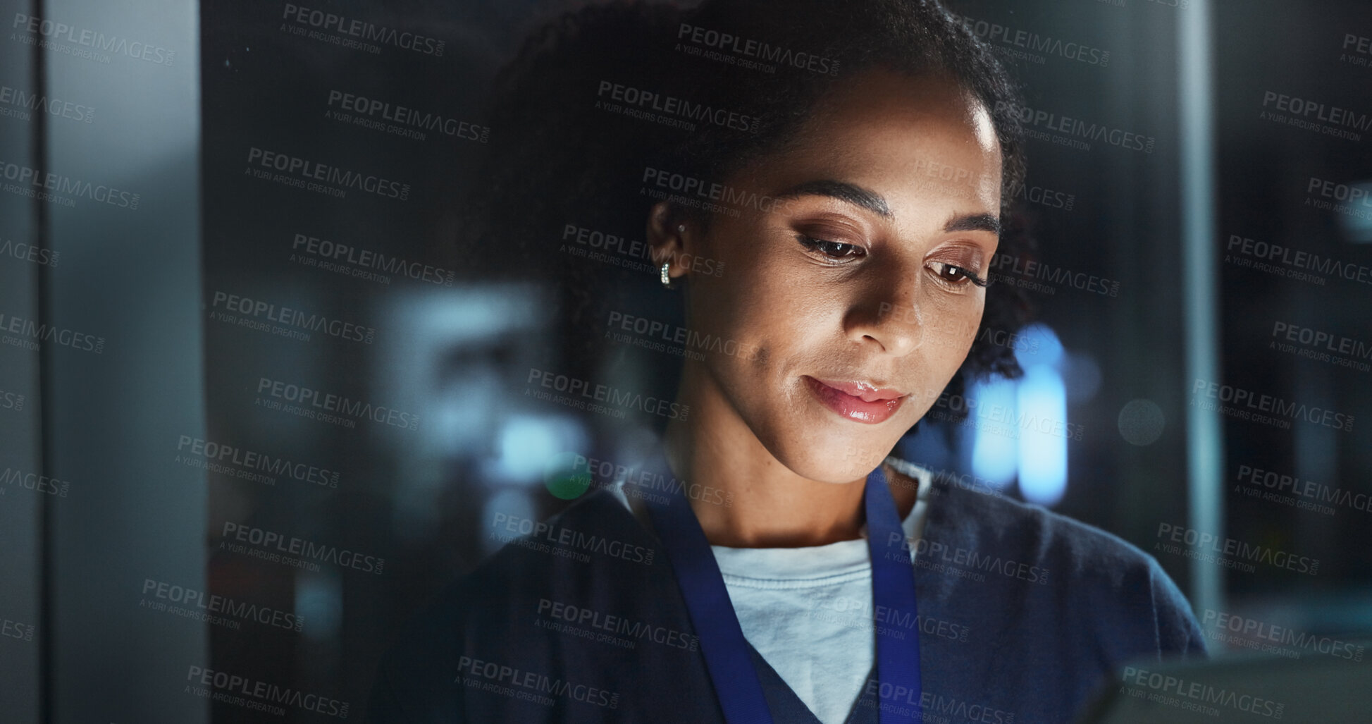 Buy stock photo Night, woman and nurse with tablet, research and online reading for schedule, hospital and digital app. Results, medical or professional with tech, evening and website info with telehealth or doctor