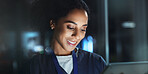 Night, woman and nurse with tablet, smile and online reading for schedule, hospital and digital app. Results, medical or professional with tech, evening and website info with telehealth or connection