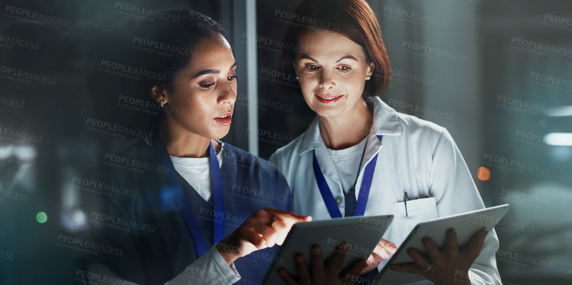 Buy stock photo Night, research or doctor with surgeon on tablet reading online for news update or late schedule in hospital. Medical results, overtime and women with technology, clinic website or telehealth app