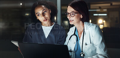 Buy stock photo Night, doctor and assistant on laptop for reading online for good news and late schedule in hospital. Medical results, overtime and women with technology, clinic website or telehealth digital app