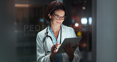 Buy stock photo Night, woman and doctor with tablet, smile and online reading for schedule, healthcare and digital app. Results, medical or professional with tech, evening and website info with expert or connection